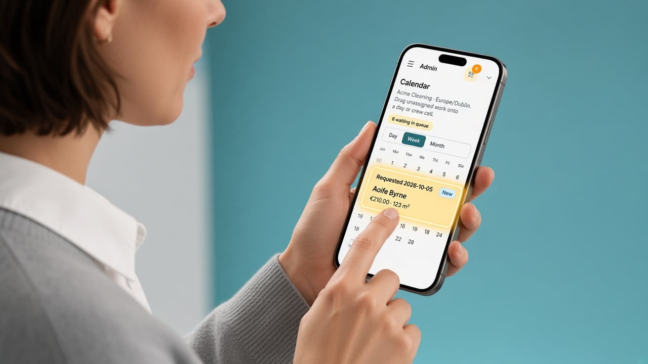 Person dragging a new Acme Cleaning booking onto the phone calendar